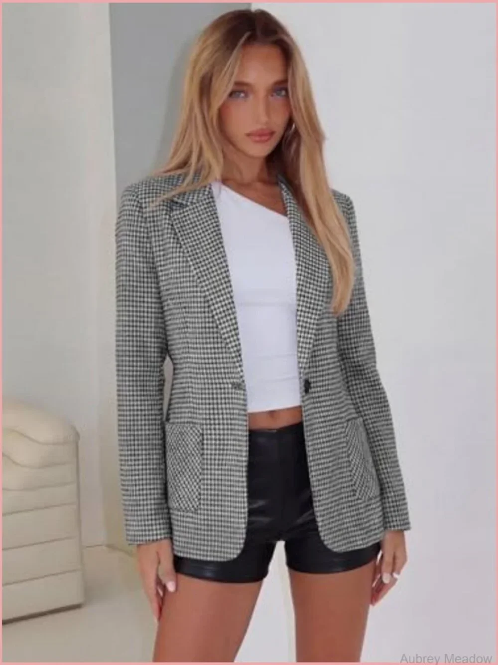 Houndstooth Plaid Blazer with Embroidered Collar - Business Casual Office